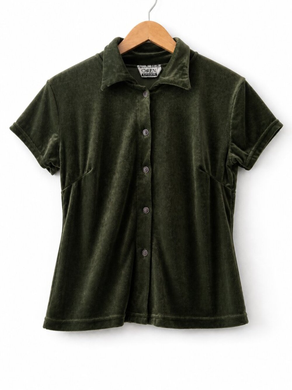 Cheryl Creations Olive Velvet Button Front Collared Cropped Vintage Top S